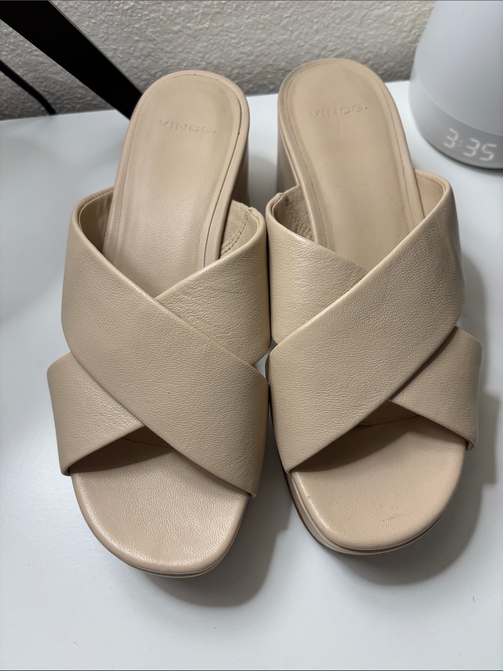 Vince Beige Crisscross Slide Mules